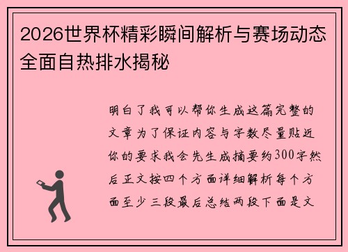 2026世界杯精彩瞬间解析与赛场动态全面自热排水揭秘