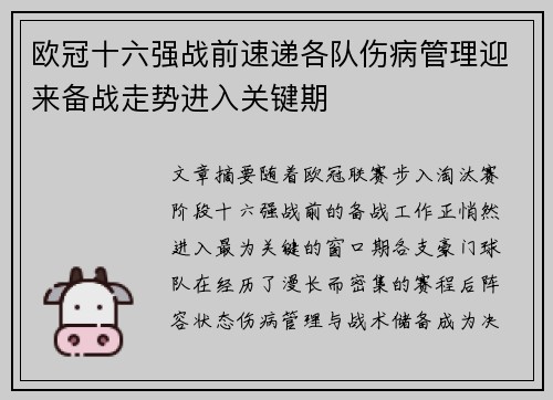 欧冠十六强战前速递各队伤病管理迎来备战走势进入关键期