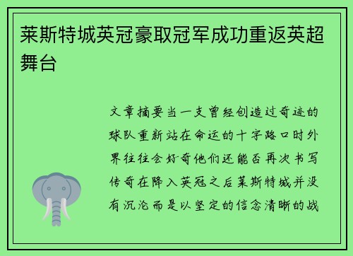 莱斯特城英冠豪取冠军成功重返英超舞台