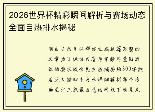 2026世界杯精彩瞬间解析与赛场动态全面自热排水揭秘